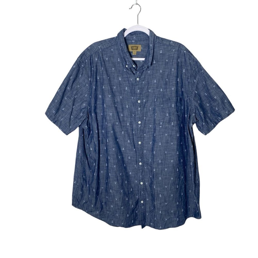 The Foundry Supply Co. Blue Cotton Short Sleeve Embroidered Button Up Men's 2XLT